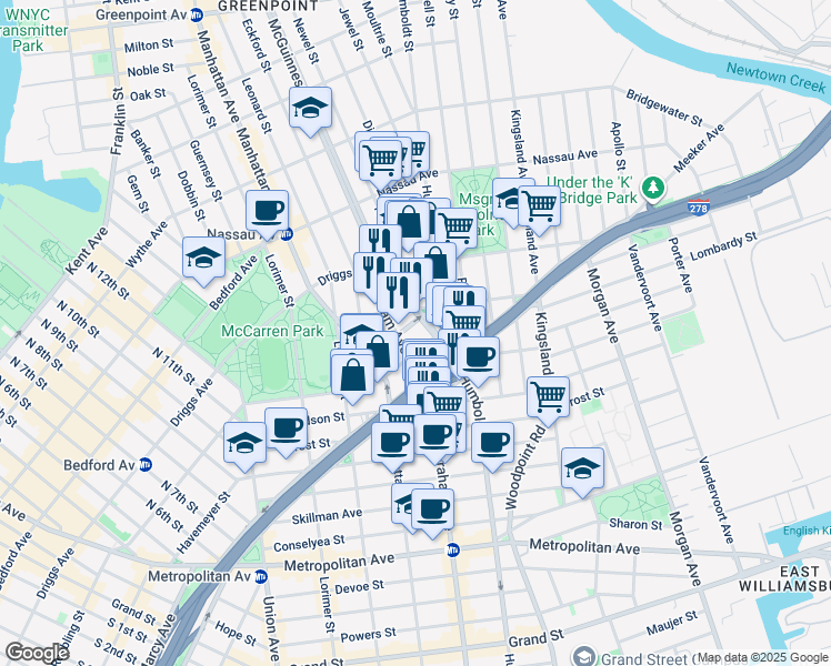 map of restaurants, bars, coffee shops, grocery stores, and more near 167 Bayard Street in Brooklyn