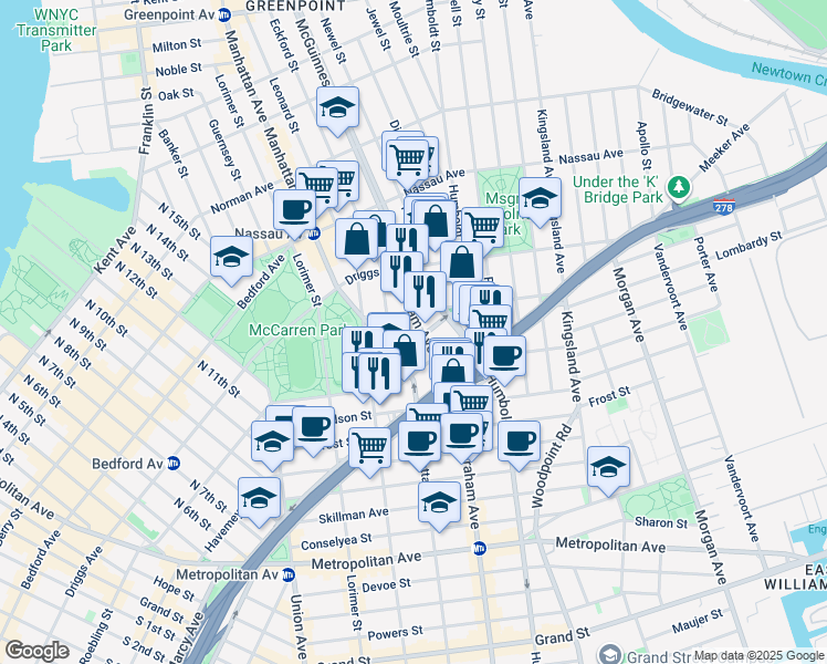 map of restaurants, bars, coffee shops, grocery stores, and more near 132 Newton Street in Brooklyn