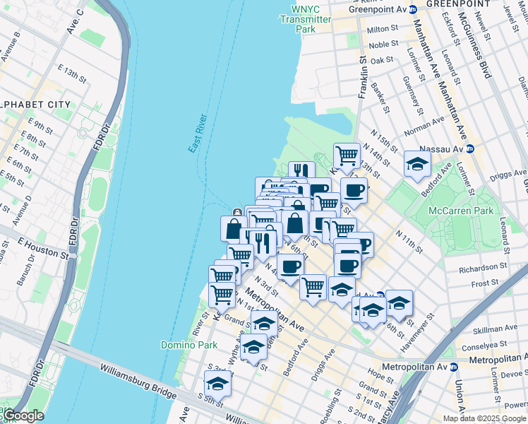 map of restaurants, bars, coffee shops, grocery stores, and more near 22 North 6th Street in Brooklyn