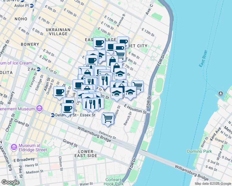map of restaurants, bars, coffee shops, grocery stores, and more near 274 East 2nd Street in New York