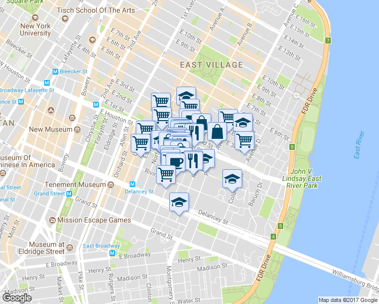 map of restaurants, bars, coffee shops, grocery stores, and more near 162 Attorney Street in New York