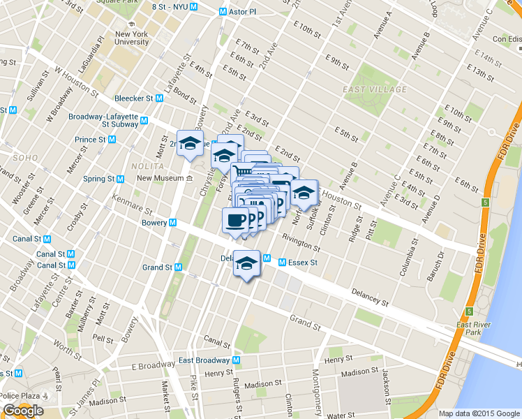 map of restaurants, bars, coffee shops, grocery stores, and more near 143 Ludlow Street in New York