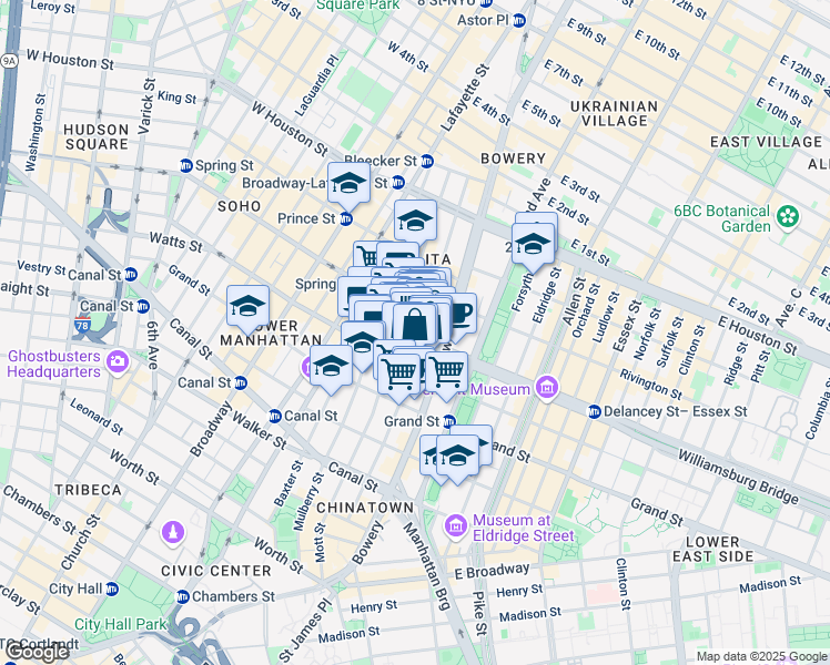 map of restaurants, bars, coffee shops, grocery stores, and more near 146 Elizabeth Street in New York