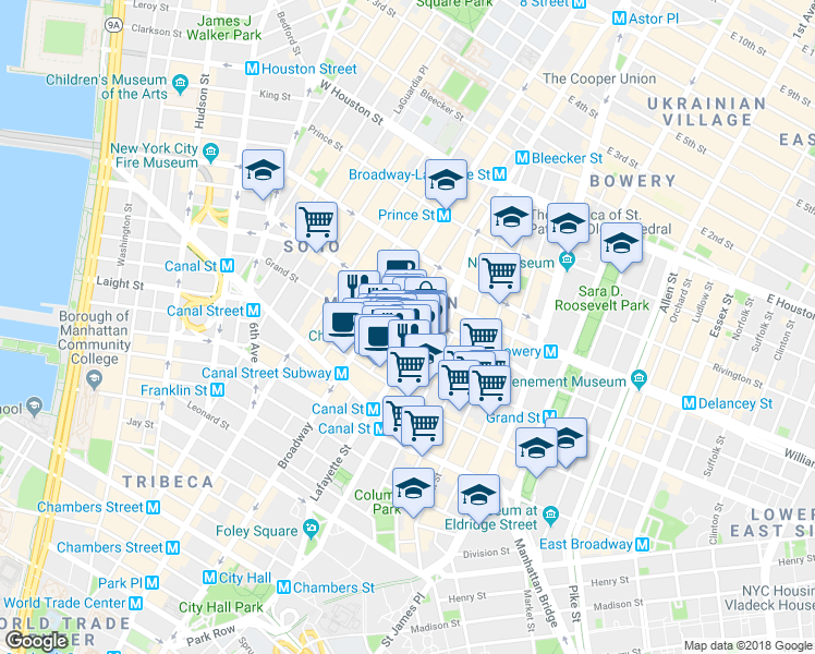 map of restaurants, bars, coffee shops, grocery stores, and more near 138 Grand Street in New York
