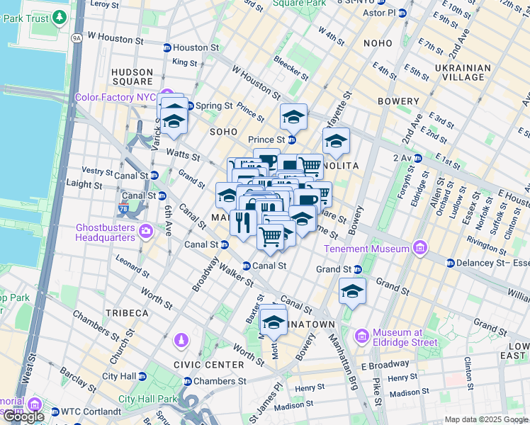 map of restaurants, bars, coffee shops, grocery stores, and more near 138 Grand Street in New York