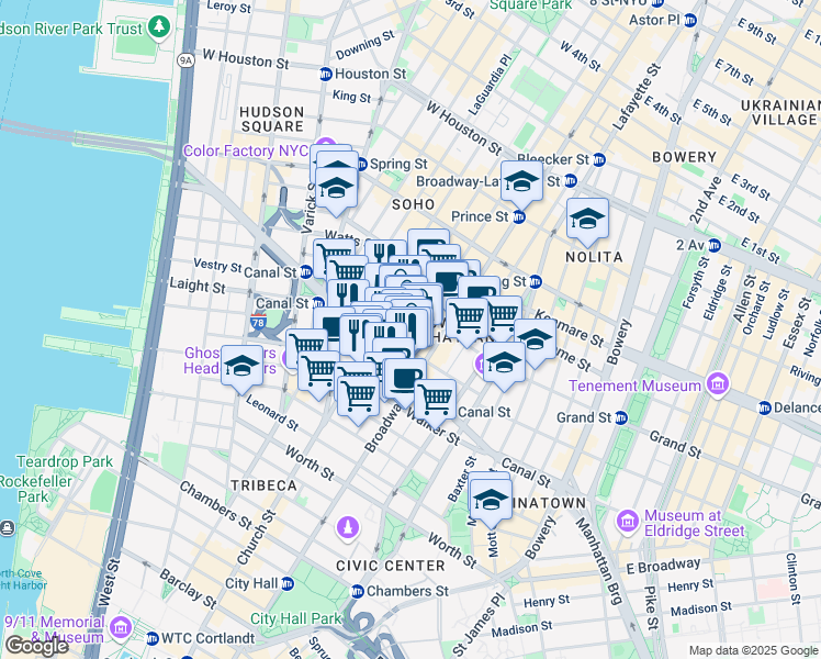 map of restaurants, bars, coffee shops, grocery stores, and more near 7 Mercer Street in New York