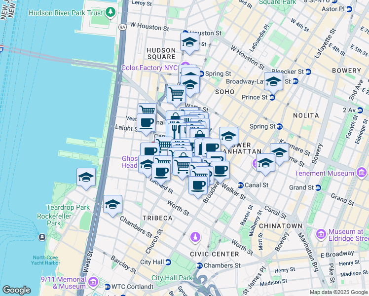 map of restaurants, bars, coffee shops, grocery stores, and more near 47 6th Avenue in New York