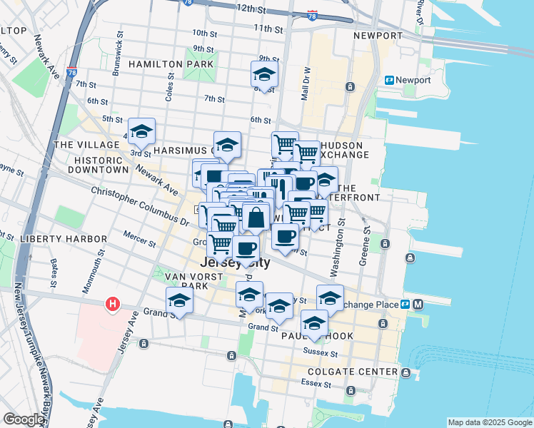 map of restaurants, bars, coffee shops, grocery stores, and more near 343 Marin Boulevard in Jersey City