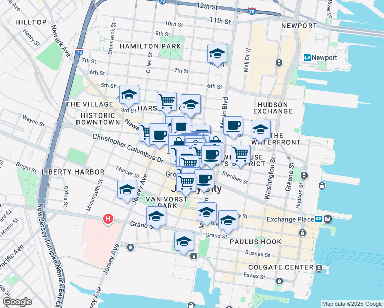 map of restaurants, bars, coffee shops, grocery stores, and more near in Jersey City