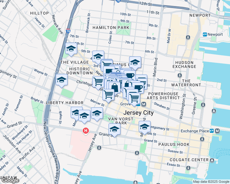 map of restaurants, bars, coffee shops, grocery stores, and more near 524 Jersey Avenue in Jersey City