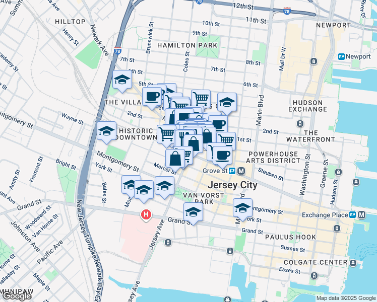 map of restaurants, bars, coffee shops, grocery stores, and more near 116 Wayne Street in Jersey City