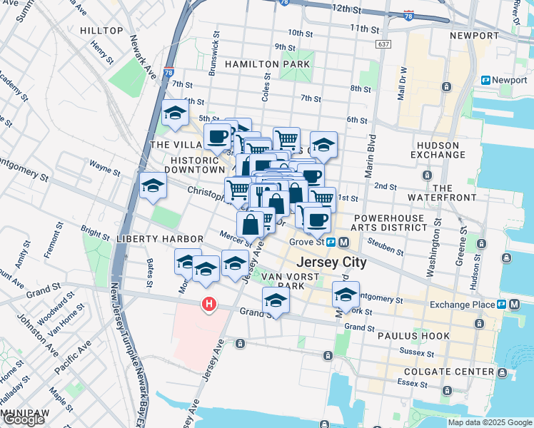 map of restaurants, bars, coffee shops, grocery stores, and more near 116 Wayne Street in Jersey City