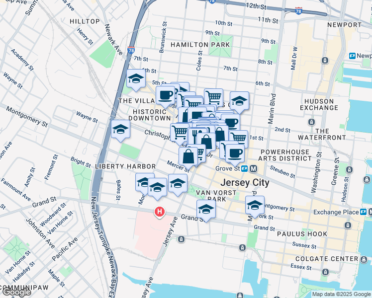 map of restaurants, bars, coffee shops, grocery stores, and more near 116 Wayne Street in Jersey City