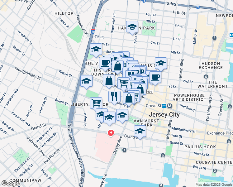 map of restaurants, bars, coffee shops, grocery stores, and more near 153-139 Wayne Street in Jersey City