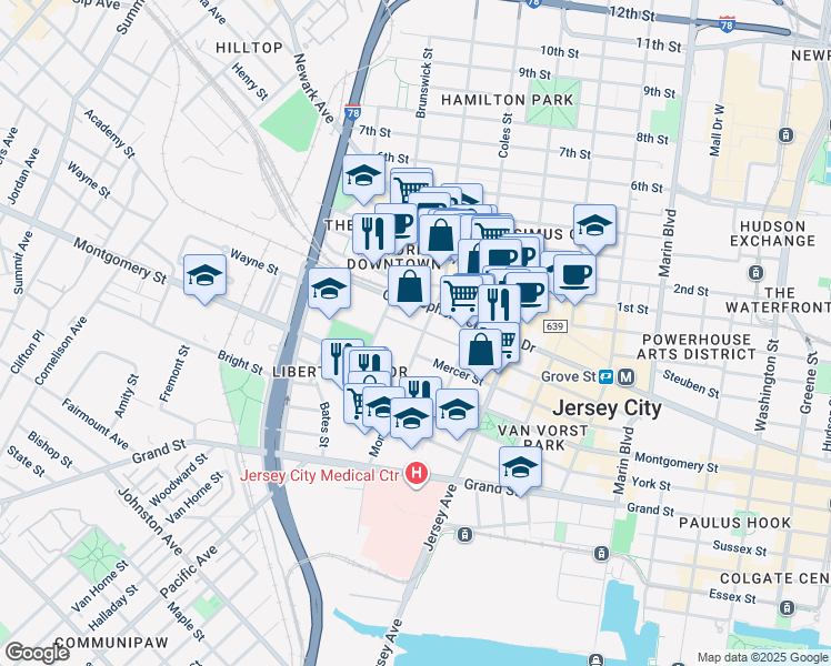 map of restaurants, bars, coffee shops, grocery stores, and more near 187 Wayne Street in Jersey City