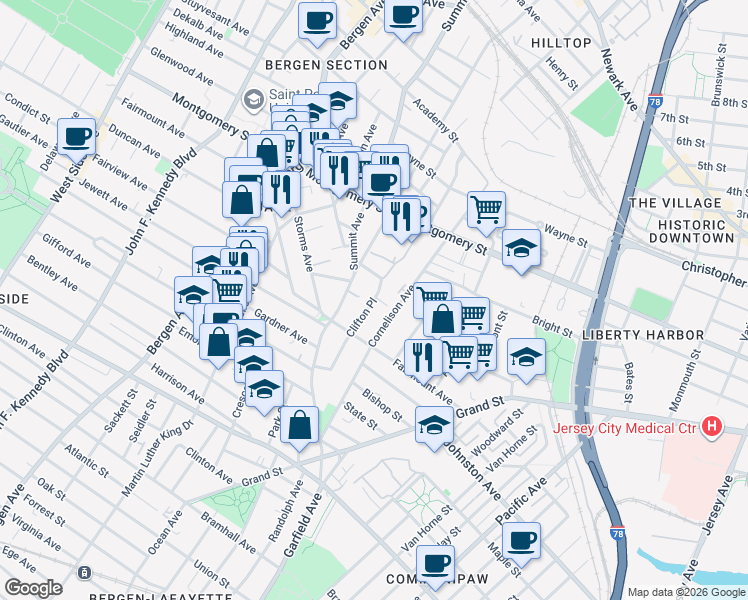map of restaurants, bars, coffee shops, grocery stores, and more near 75A Clifton Place in Jersey City
