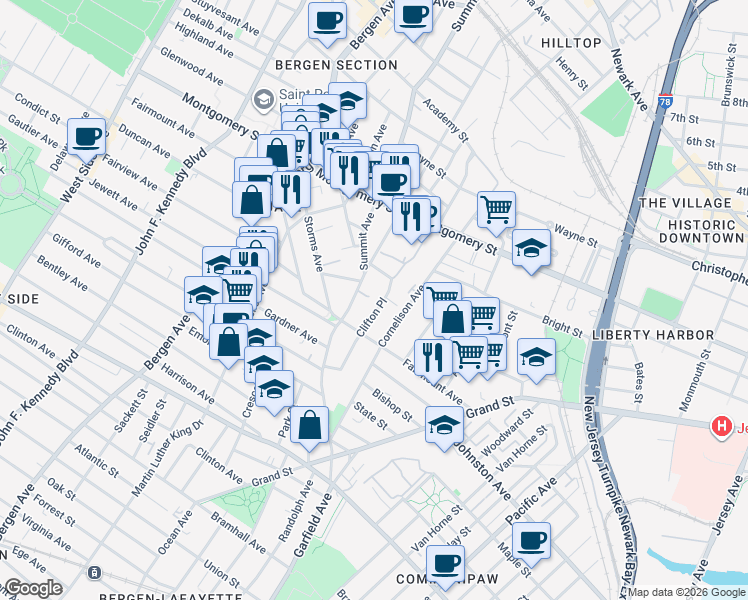 map of restaurants, bars, coffee shops, grocery stores, and more near 75A Clifton Place in Jersey City