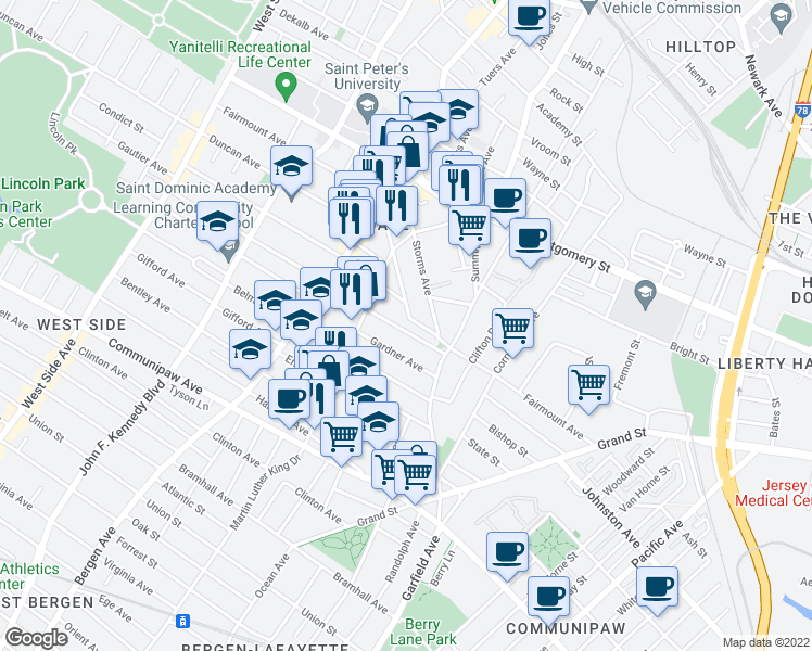 map of restaurants, bars, coffee shops, grocery stores, and more near 35 Jewett Avenue in Jersey City