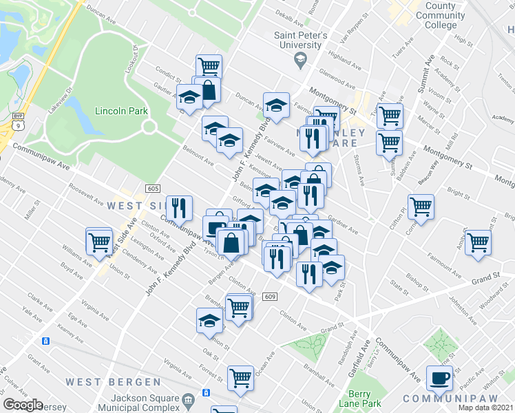 map of restaurants, bars, coffee shops, grocery stores, and more near 15 Gifford Avenue in Jersey City
