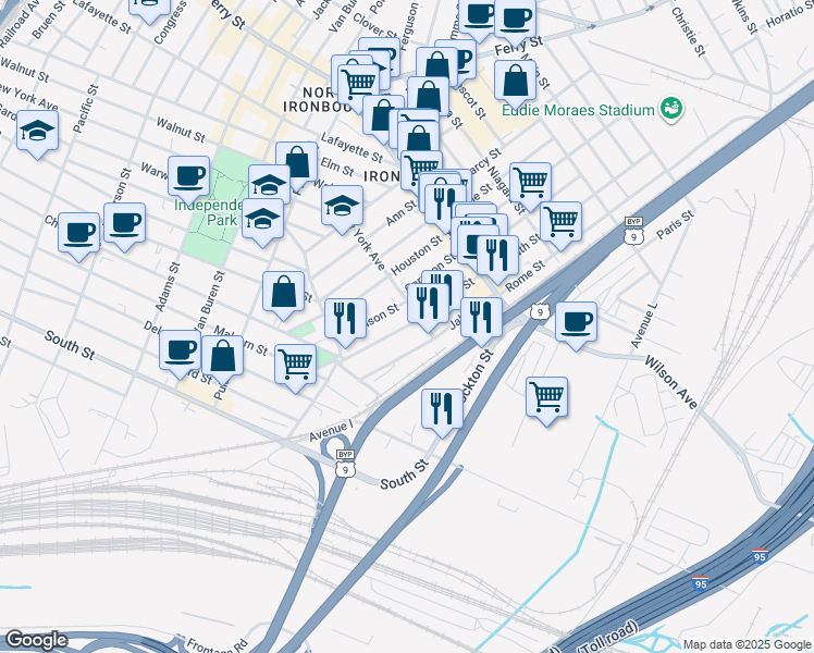 map of restaurants, bars, coffee shops, grocery stores, and more near 62-70 Jabez Street in Newark