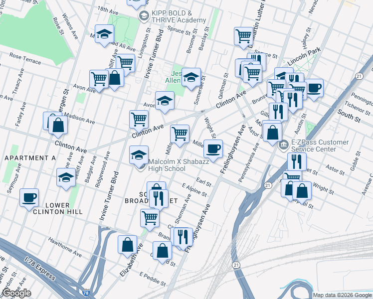 map of restaurants, bars, coffee shops, grocery stores, and more near 68 Elizabeth Avenue in Newark