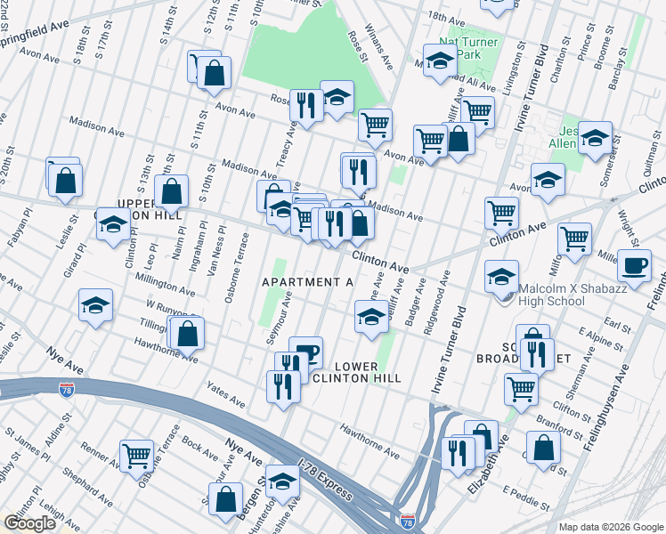 map of restaurants, bars, coffee shops, grocery stores, and more near 686 Bergen Street in Newark