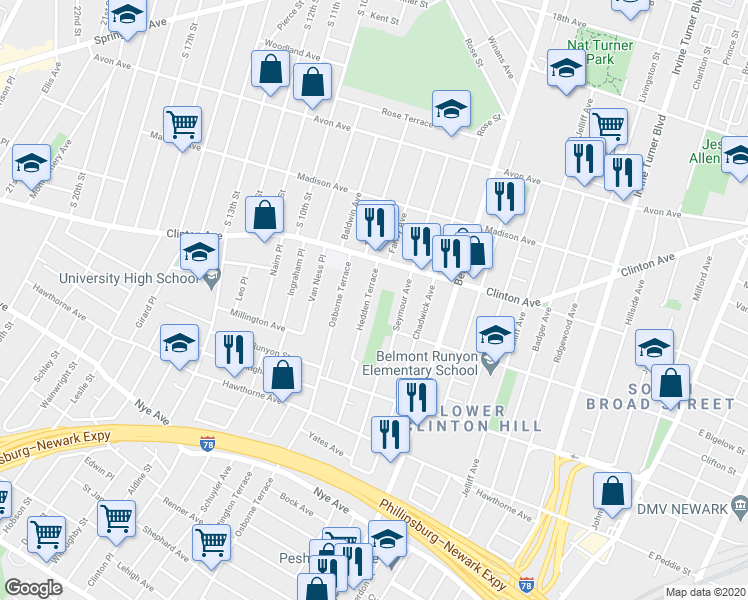 map of restaurants, bars, coffee shops, grocery stores, and more near 534-544 Clinton Avenue in Newark