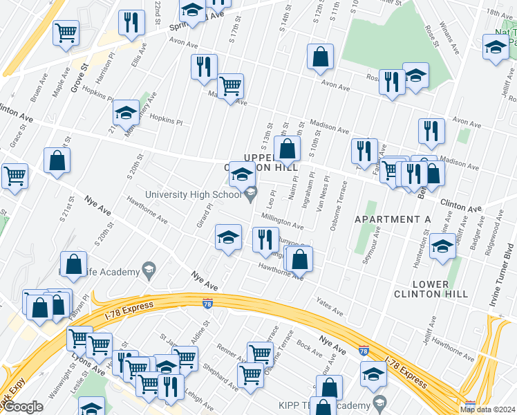 map of restaurants, bars, coffee shops, grocery stores, and more near 5 White Terrace in Newark