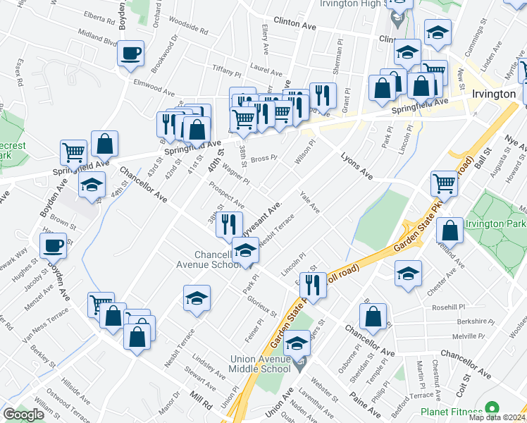 map of restaurants, bars, coffee shops, grocery stores, and more near 804 Stuyvesant Avenue in Irvington