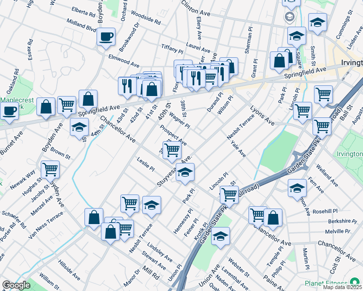 map of restaurants, bars, coffee shops, grocery stores, and more near 128 South Durand Place in Irvington