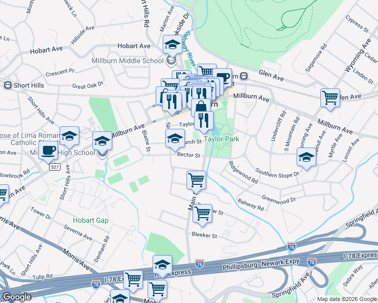 map of restaurants, bars, coffee shops, grocery stores, and more near 30B Rector Street in Essex County