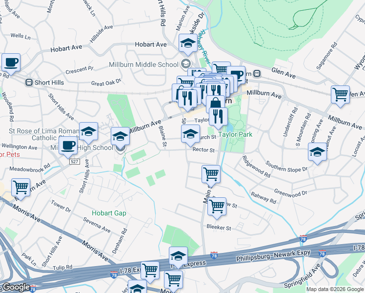 map of restaurants, bars, coffee shops, grocery stores, and more near 60 Rector Street in Essex County