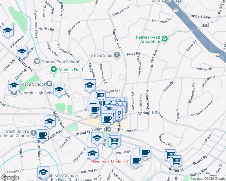 map of restaurants, bars, coffee shops, grocery stores, and more near 10 Euclid Avenue in Summit