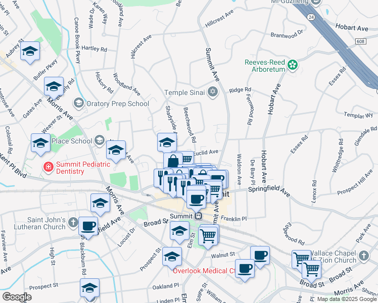 map of restaurants, bars, coffee shops, grocery stores, and more near 27 Euclid Avenue in Summit