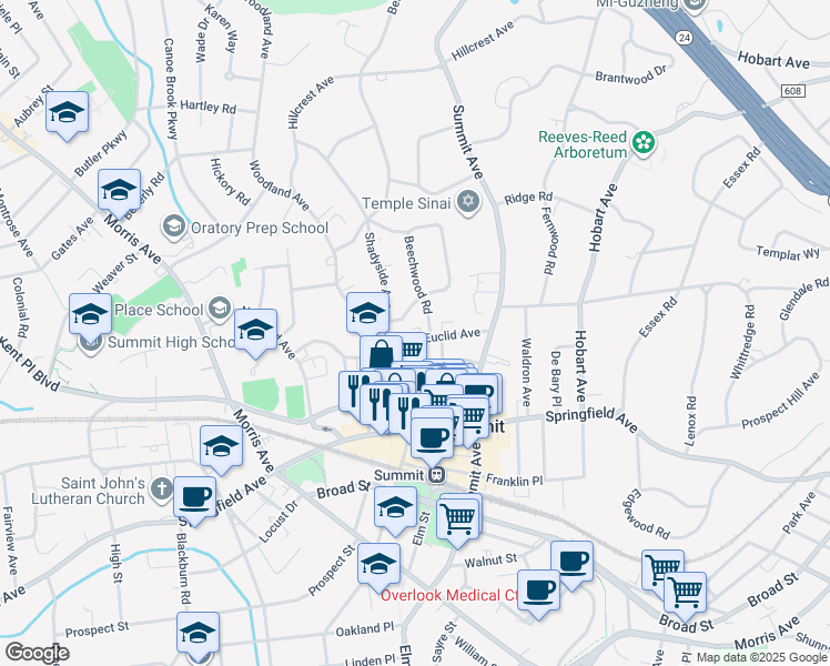 map of restaurants, bars, coffee shops, grocery stores, and more near 27 Euclid Avenue in Summit