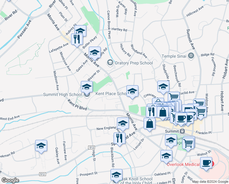 map of restaurants, bars, coffee shops, grocery stores, and more near 6 Edgar Street in Summit
