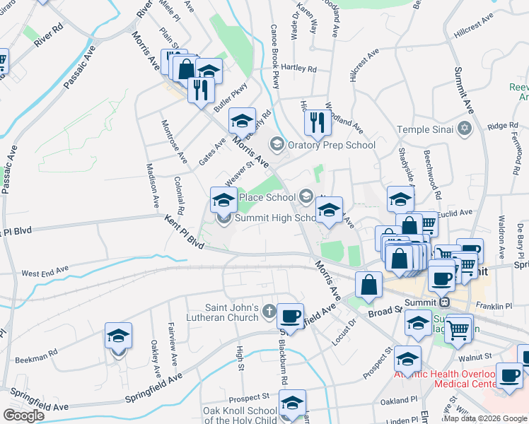 map of restaurants, bars, coffee shops, grocery stores, and more near 23 Edgar Street in Summit