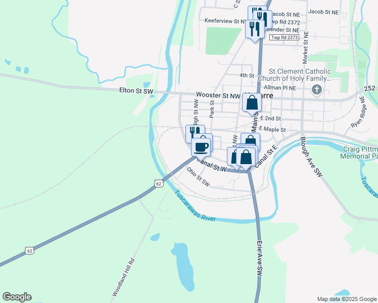 map of restaurants, bars, coffee shops, grocery stores, and more near 101 Canal Street West in Navarre