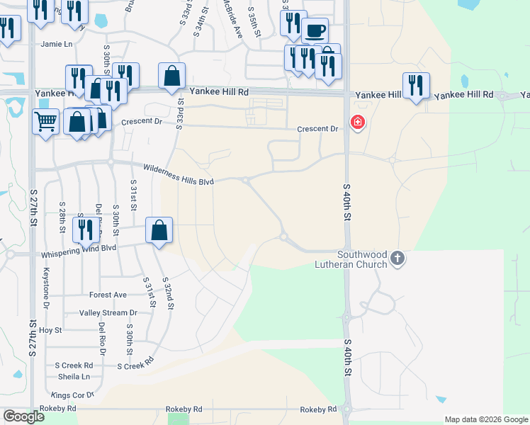 map of restaurants, bars, coffee shops, grocery stores, and more near 9025 South 40th Street in Lincoln