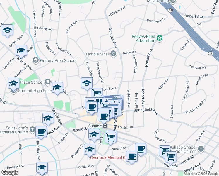 map of restaurants, bars, coffee shops, grocery stores, and more near 10 Euclid Avenue in Summit