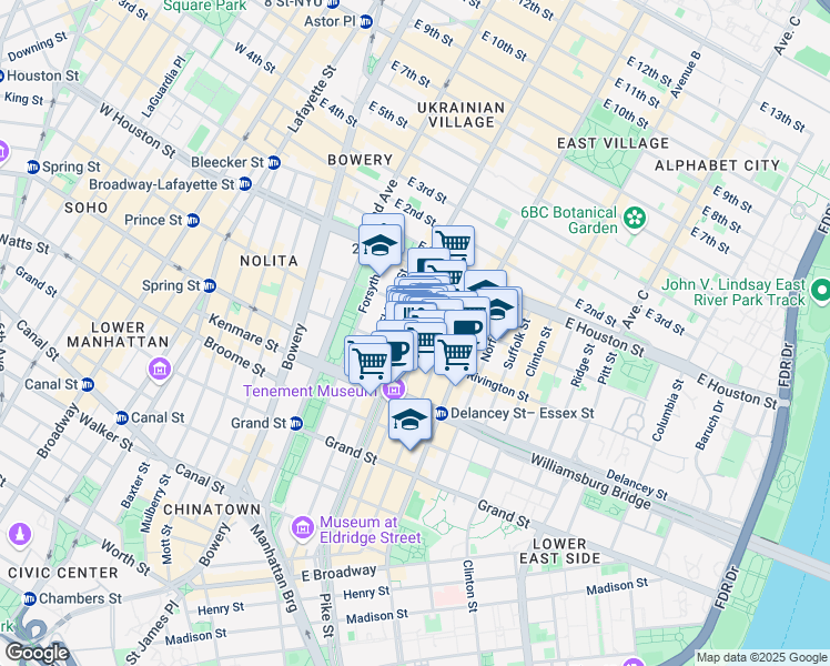 map of restaurants, bars, coffee shops, grocery stores, and more near 143 Ludlow Street in New York