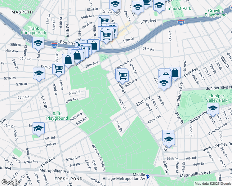 map of restaurants, bars, coffee shops, grocery stores, and more near 68-03 60th Road in Queens