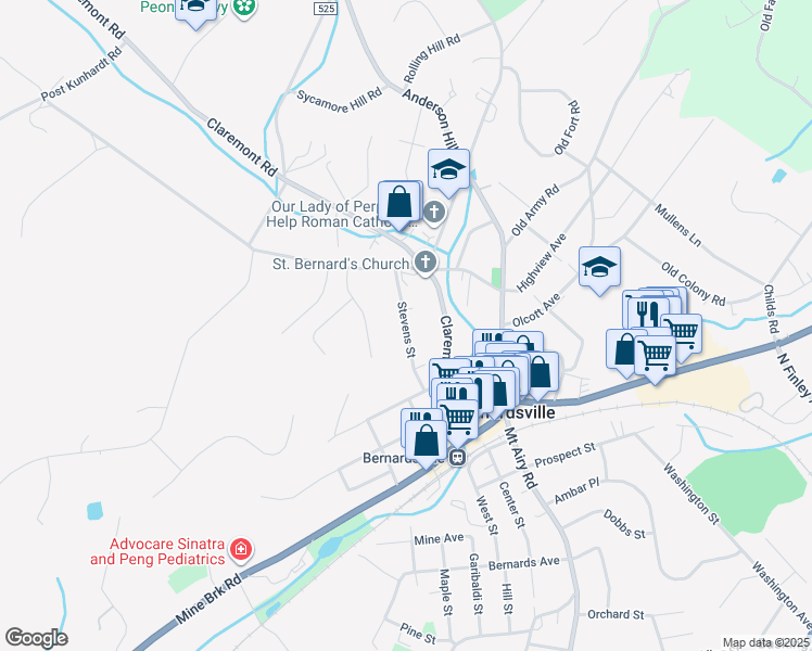map of restaurants, bars, coffee shops, grocery stores, and more near 25 Stevens Street in Bernardsville