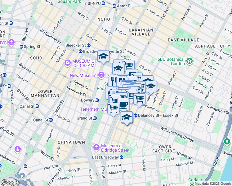 map of restaurants, bars, coffee shops, grocery stores, and more near 184 Eldridge Street in New York