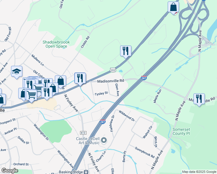 map of restaurants, bars, coffee shops, grocery stores, and more near 14 Cottage Street in Bernards