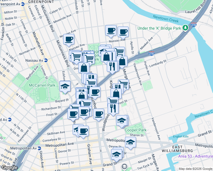 map of restaurants, bars, coffee shops, grocery stores, and more near 117 Kingsland Avenue in Brooklyn