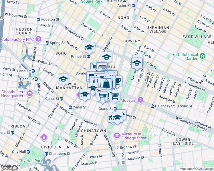map of restaurants, bars, coffee shops, grocery stores, and more near 25 Kenmare Street in New York