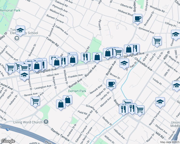 map of restaurants, bars, coffee shops, grocery stores, and more near 50 Burnett Avenue in Maplewood