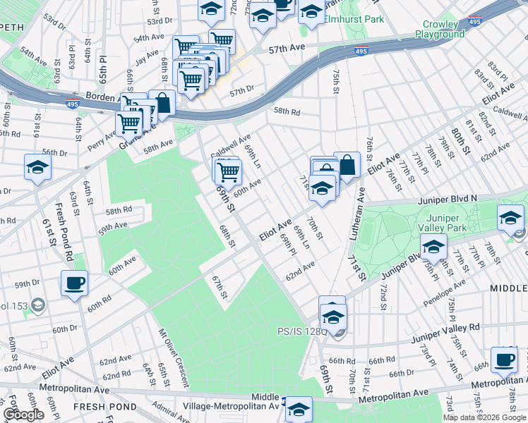 map of restaurants, bars, coffee shops, grocery stores, and more near 60-72 69th Place in Queens