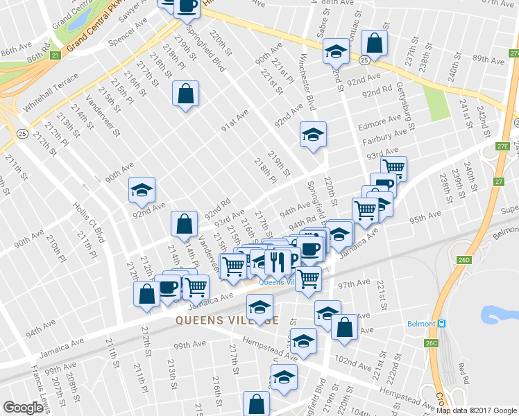 map of restaurants, bars, coffee shops, grocery stores, and more near 93-1 217th Street in Queens